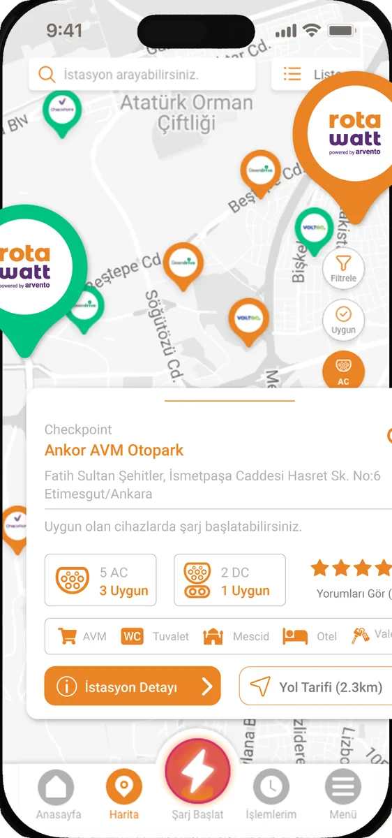 Rotawatt uygulaması: harita ekranında istasyon kartı ve şarj oturumu